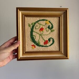 Vintage Handmade Needlepoint Letter C Initial Floral Art Gold Wood Frame 8x8